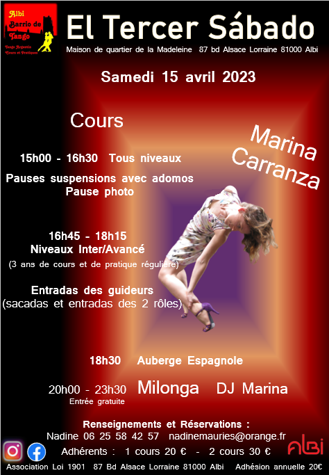 Affiche El Tercer Sábado, avril 2023 par l'association Albi Barrio de Tango, Tarn
